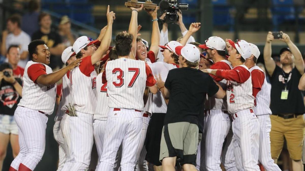 Maize celebrates its Class 5A baseball championship on May 26 at Eck Stadium.