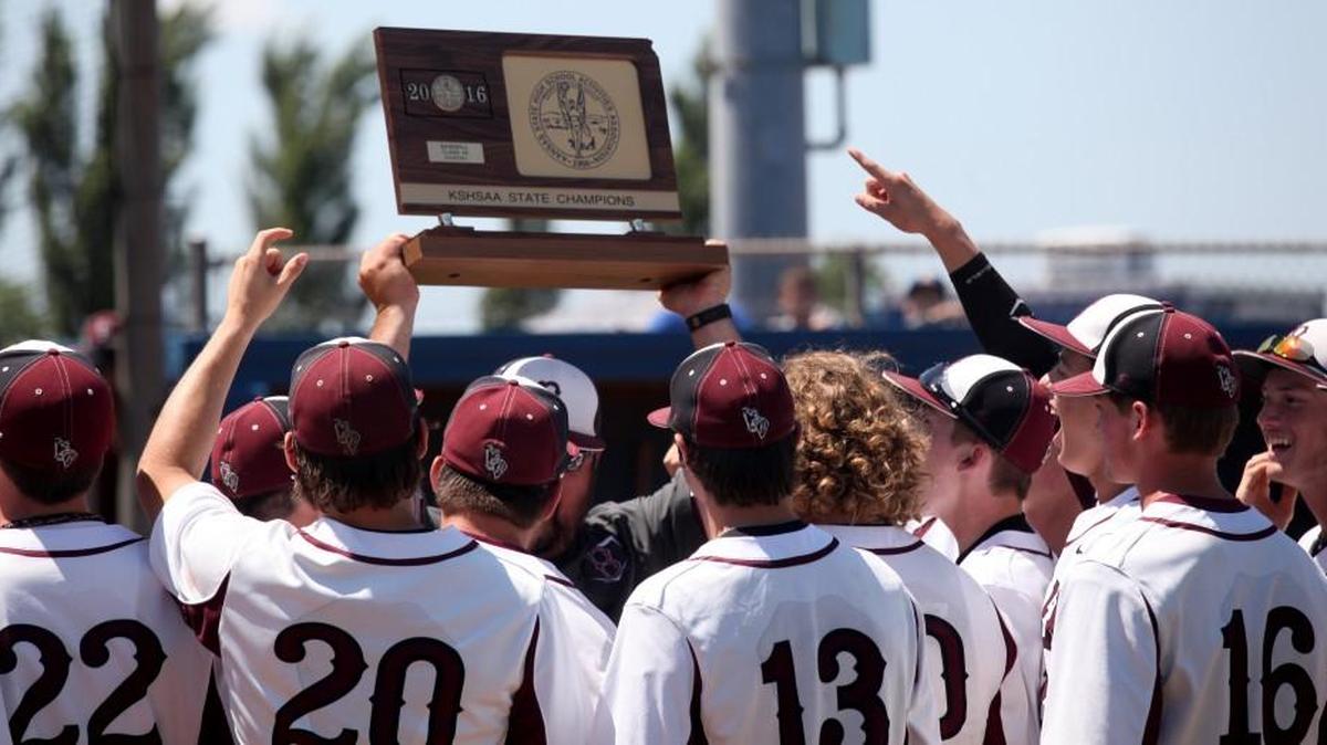 Buhler's baseball team celebrates winning the Class 4A-I state championship on Monday at Dean Evans Stadium in Salina. Photo by Karen Bonar.