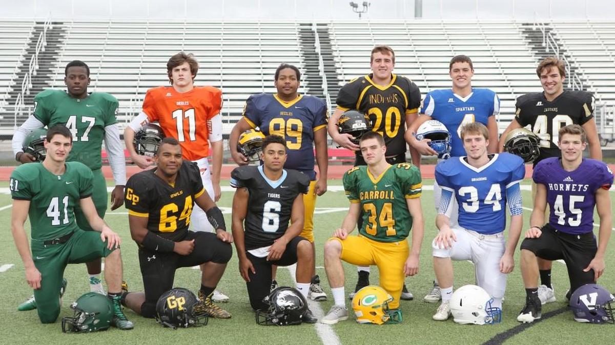 2015 Wichita Eagle/VarsityKansas.com All-Metro Defensive team. Front row: Dan Conner, Derby, Jonah Nowak, Garden Plain, Drake Damon, Eisenhower, Evan Nichols, Carroll, Blake Beckett, Halstead and Chase Crawford, Valley Center. Back row: Peerlus Walker, Derby, Dallin Marlnee, Augusta, Duall Watson, Northwest, Jeff Ast, Andale, Cooper Root, Collegiate and Clark Schoonover, Andover Central.