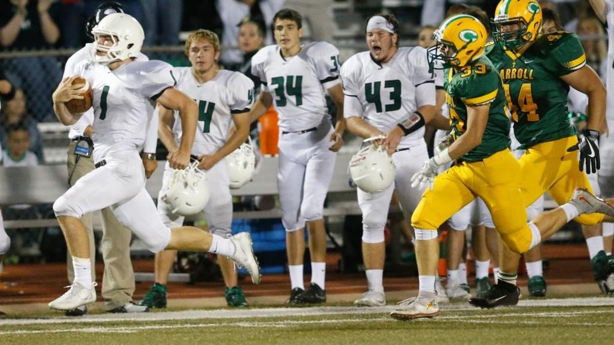 Derby running back Brody Kooser runs 93 yards for a touchdown on a kickoff return against Carroll on Sept. 30.