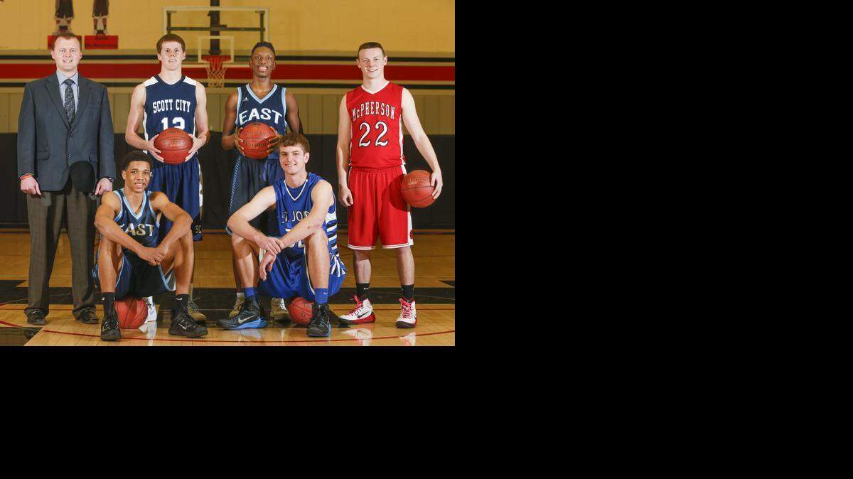 
The 2015 Wichita Eagle All-State boys basketball team. Standing: Wichita East coach Joe Jackson; Trey O'Neil, Scott City; Samajae Jones, Wichita East, Kyler Kinnamon, McPherson. Sitting: Zach Jackson, Wichita East, and Dean Wade, St. John. 
