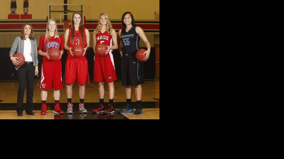 
The Wichita Eagle/VarsityKansas.com All-State Girls team: Hoxie coach Shelly Hoyt, Ericka Mattingly, Wichita South; Lanie Page Wamego; Keiryn Swenson, Maize; and Tyler Johnson, Leavenworth.
