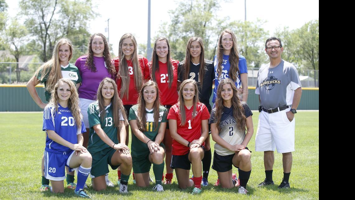 
The Eagle’s 2015 All-Metro soccer team. Front row, Paige Achey, Northwest; Jordan Eickelman, Derby; Maria Walden, Carroll; Katie McClure, Maize; and Masen Stamp, Andover Central. Back row, Maguire Sullivan, Carroll; Jami Reichenberger, Carroll; Tanna Benefiel, Maize; Kelsey Quick, Maize; Ryann Burnett, Maize South; Grace Hagan, Kapaun; Coach Marlon Rios, Maize South.
