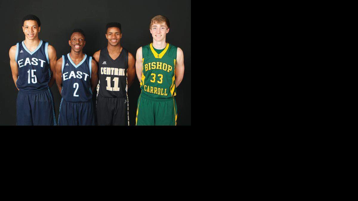 
2015 All-Metro boys basketball team. From left: Zach Jackson, East; Samajae Jones, East; Darraja Parnell, Andover Central; Connor Evans, Carroll. Not pictured: James Conley, Derby; Joe Auer, Heights coach. 
