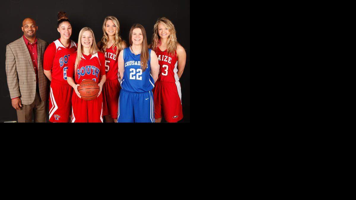 
2015 All-Metro girls basketball team. From left: Antwain Scales, South High coach; Kendrian Elliott, South; Ericka Mattingly, South; Keiryn Swenson, Maize; Sam Bachrodt, Kapaun; Daley Handy, Maize. 
