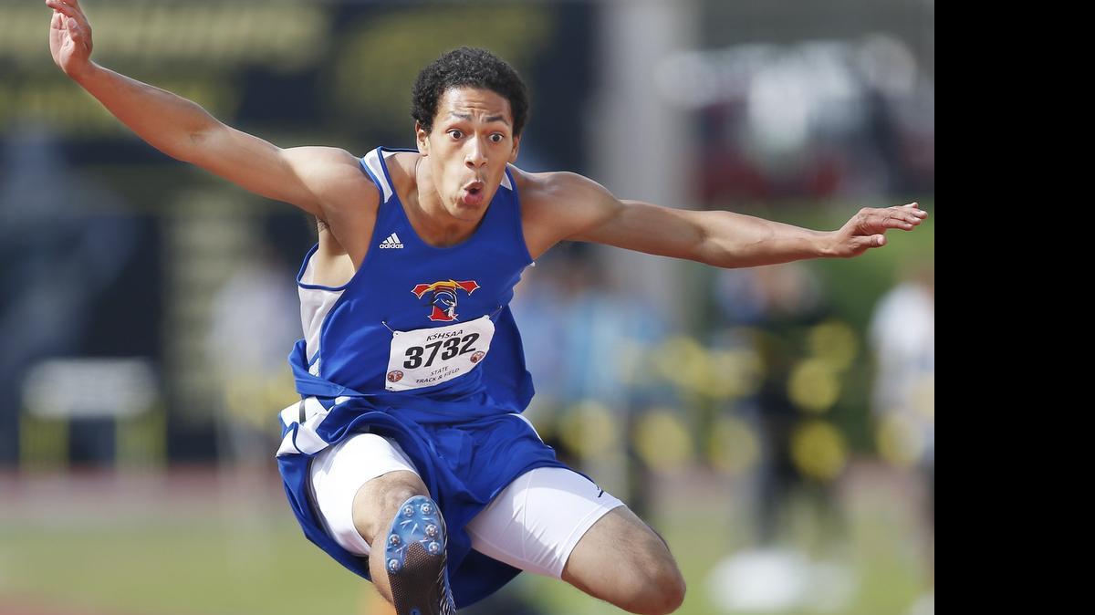 
South's Kaden Griffin wins the 6A-300 meter intermediate hurdles at the Track and Field State Championships on Saturday at Cessna Stadium.
