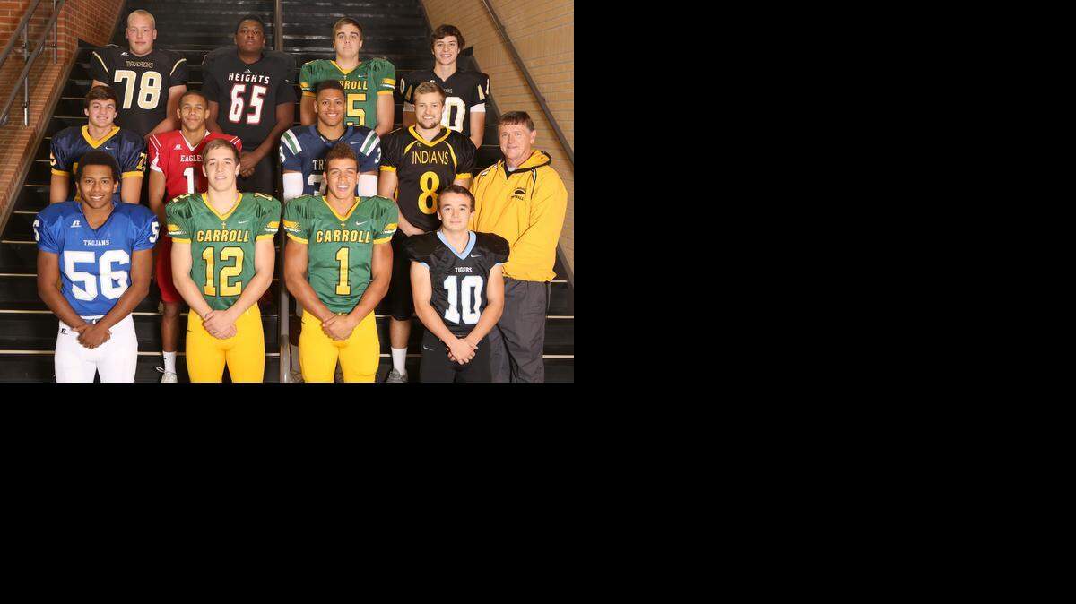 
All-Metro offensive football team front row: Andover's Anthony Jackson, Carroll's Colton Howell, Carroll's Denzel Goolsby, Eisenhower's Blake Lynch and Andale's coach Gary O’Hair. Second row: Northwest's Matt Washee, Maize's Kendall Stewart, Trinity Academy's Tyler Burns and Andale's Hunter Knoblauch. Third row: Maize South's Jeremy Luck, Heights' Chris Ivy, Carroll's Noah Johnson and Andover Central's Tyler Harris. 

