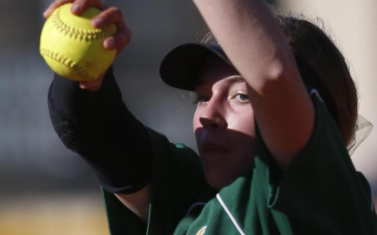 Bishop Carroll's Reagan Smith pitches against Mill Valley during their 9-7 loss during 5A softball championships at Two Rivers Youth Complex Thursday. (May 25, 2017)