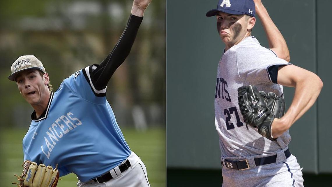 High school pitchers Joey Wentz (left) of Shawnee Mission East and Riley Pint of St. Thomas Aquinas are projected to possibly be among the top 15 selections in the upcoming Major League Baseball Draft, scheduled for June 9.