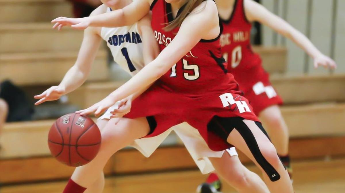 Goddard's Brianna Fuchs (1) pressures Rose Hill's Mackenzie Herman in the third quarter during Haven Hill's 43rd Wildcat Classic at Haven Friday.