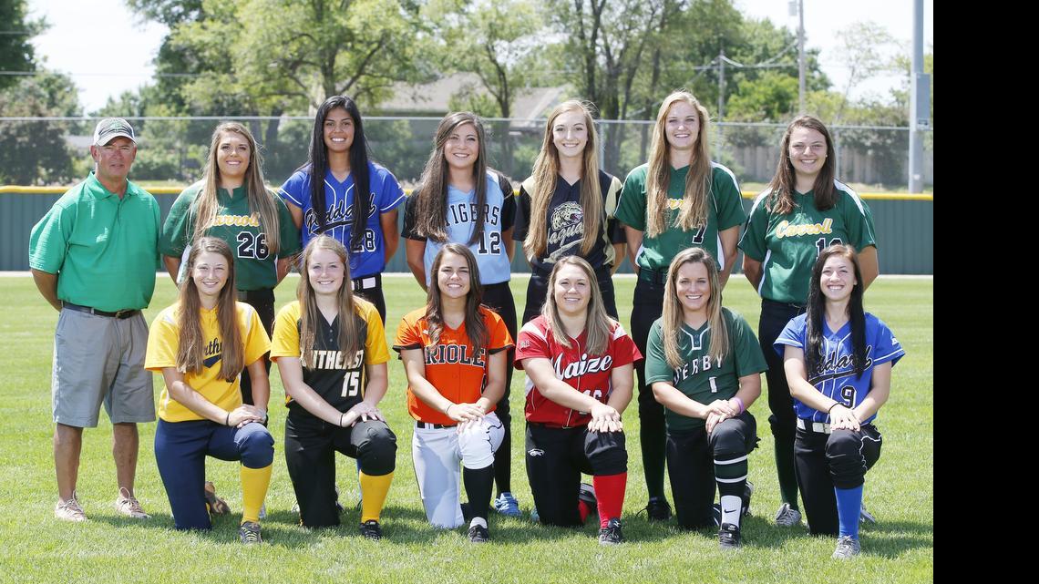 
The 2015 All-Metro softball team. Front row, Alex Jennings, Northwest; Kylie Fox, Southeast; Carley Phillips, Augusta; Allie Jurgensen, Maize; Kenzie Young, Derby; Miranda Rohleder, Goddard. Back row, Coach Steve Harshberger, Carroll; Briana Hogan, Carroll; Julisa Ortega, Goddard; Brynn Minor, Eisenhower; Becca Schulte, Andover Central; Brittany Finney, Carroll; Lauren Buchanan, Carroll. 
