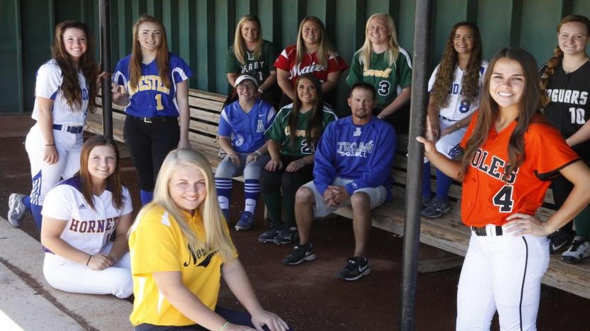 The 2016 All-Metro softball team. From left, Miranda Rohleder, Goddard; Wylie Glover, Valley Center; Ashtyn Jurging, Bluestem; Lucy Herter, Northwest; Kenzie Young, Derby; Lexi Lesperance, Andover; Allie Jurgensen, Maize; Briana Hogan, Carroll; Jordan Schartz, Carroll; Coach Ernie Hager, Andover; Talli Shepherd, Goddard; Carley Phillips, Augusta; Julia Cottrill, Andover Central; and Kaylin Watkins, Carroll.