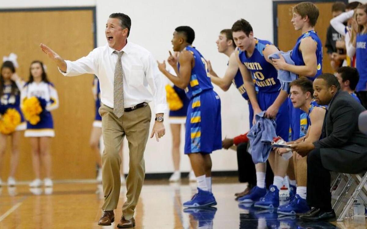 Collegiate coach Mitch Fiegel yells instructions to his team during a game against Clearwater in December 2015.
