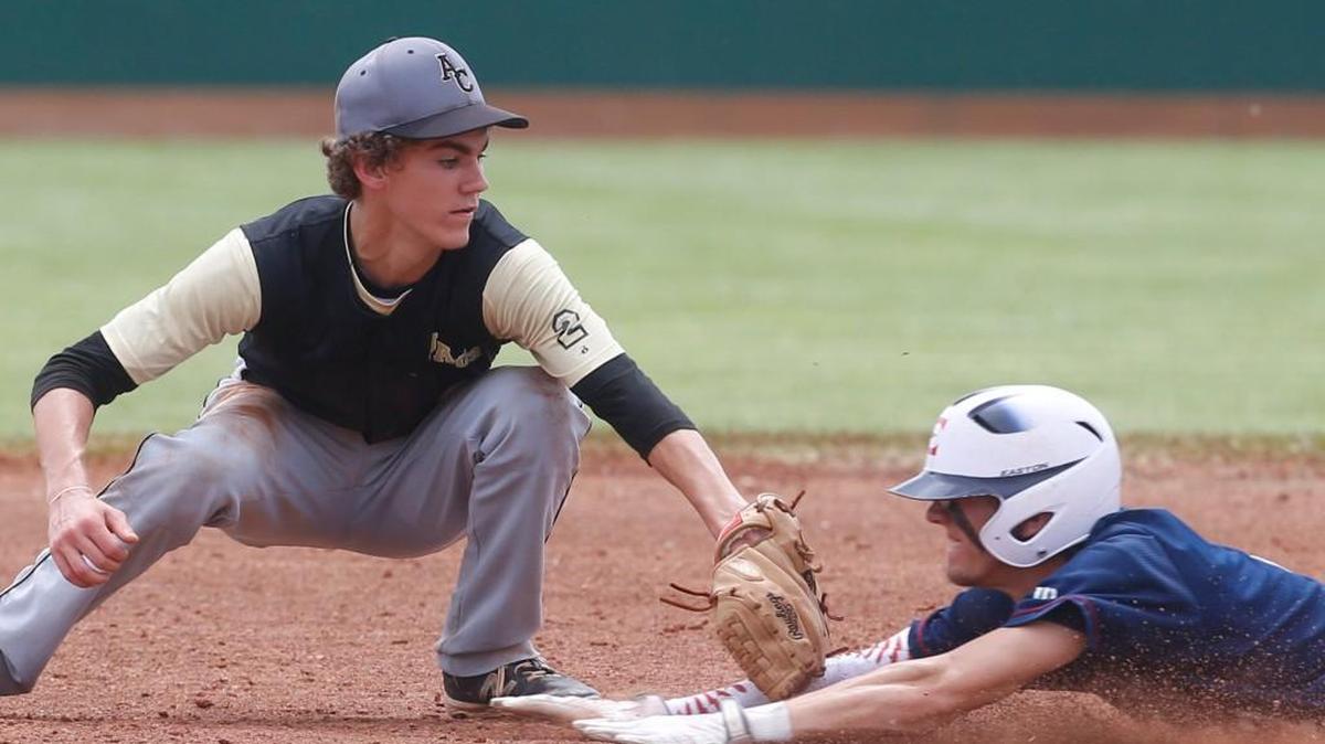 Andover Central second baseman Dane Peterson tags out Eudora’s Aaron Foster on Thursday in the Class 4A-I quarterfinals in Salina. Central won 4-2.