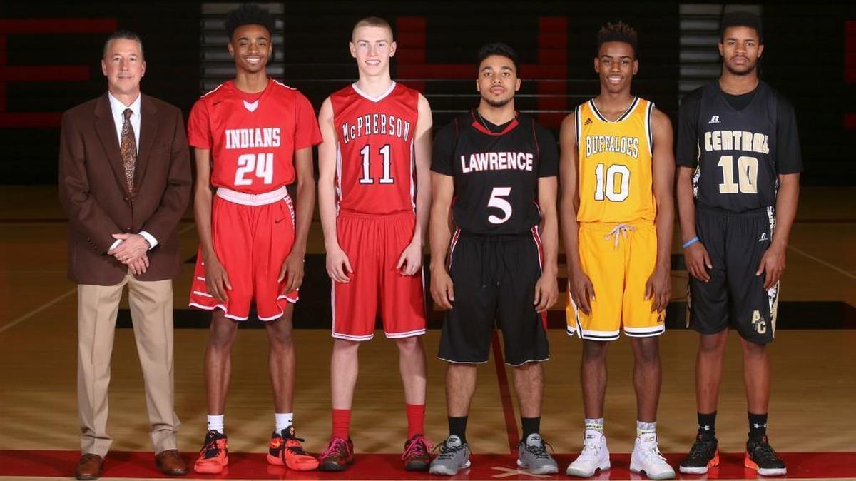 The 2016 All-State boys basketball team: Coach Mitch Fiegel, Wichita Collegiate; Michael Weathers, SM North; Drew Pyle, McPherson; Justin Roberts, Lawrence; Jerrick Harding, Wichita Southeast; and Darraja Parnell, Andover Central.