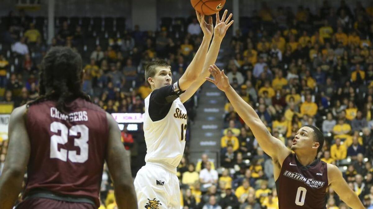 Wichita State guard Austin Reaves shoots against Maryland-Eastern Shore guard Ryan Andino during the second half at Koch Arena on Sunday afternoon. (Nov. 20, 2016)