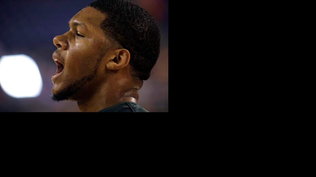 
Michigan State's Marvin Clark yells during a practice session at the Final Four on Friday in Indianapolis.
