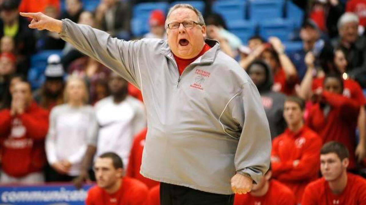 Friends University’s head coach Dale Faber disagrees with a referee’s call in the first half of the KCAC men’s final against Sterling College at Hartmann Arena. (March 2, 2015)