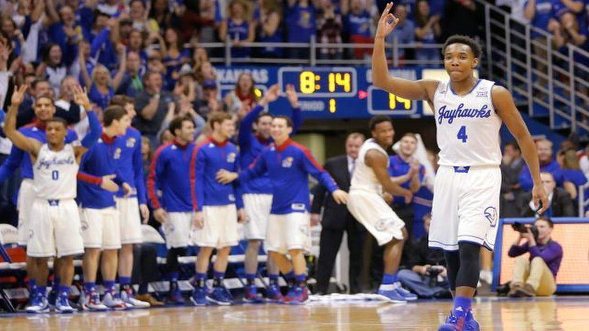
Kansas guard Devonte Graham celebrates a three-pointer against Oklahoma last week at Allen Fieldhouse.
