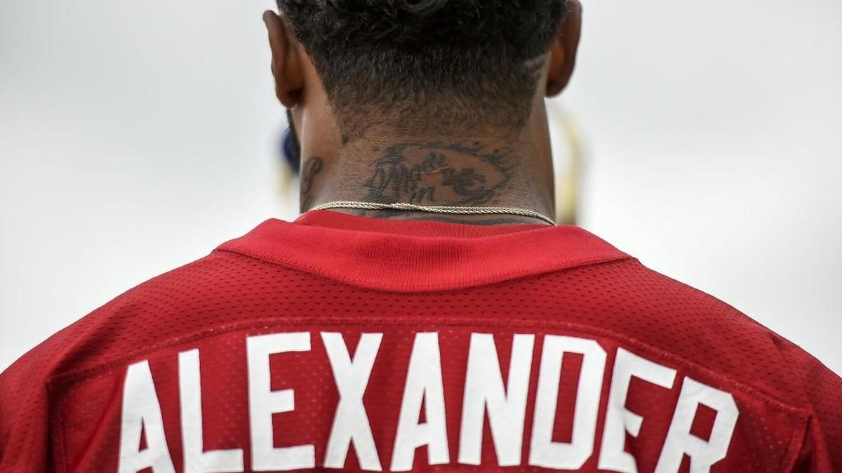Kansas City Chiefs rookie running back Donnell Alexander has an arrowhead tattoo on the back of his neck that says “Made in KC.” Alexander, son of Chiefs legend Derrick Thomas, took part as a tryout running back at Monday’s team rookie minicamp at the Arrowhead Stadium practice facility.