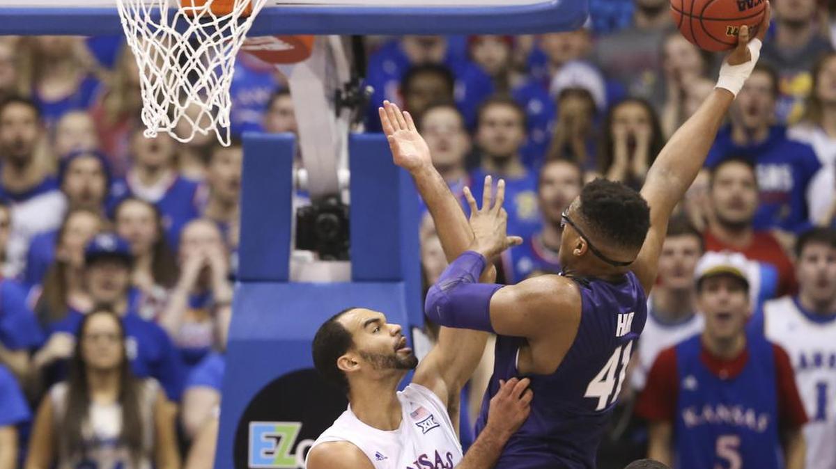 Kansas State forward Stephen Hurt shoots against Kansas forward Perry Ellis during the second half of their game at Allen Fieldhouse on Wednesday night.