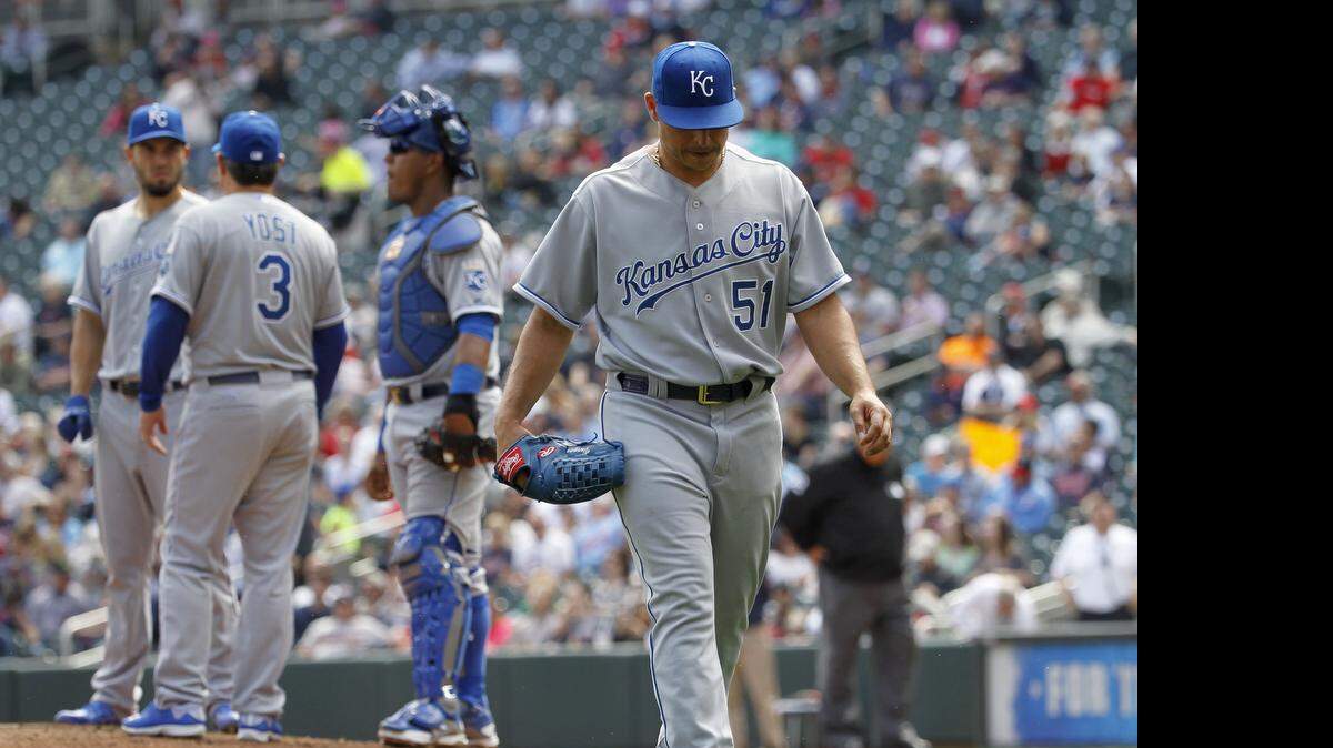 
Royals starting pitcher Jason Vargas leaves the game in the fourth inning Thursday in Minneapolis. Kansas City lost 8-5 to Minnesota.
