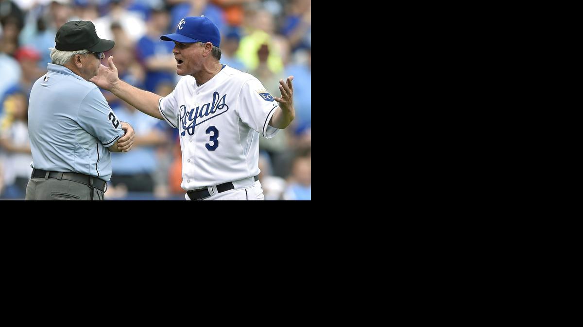 
Royals manager Ned Yost tries to argue a ruling with umpire Larry Vanover in the sixth inning Saturday. Salvador Perez was called out for not tagging up before trying to score on an errant throw after a line-drive out. 
