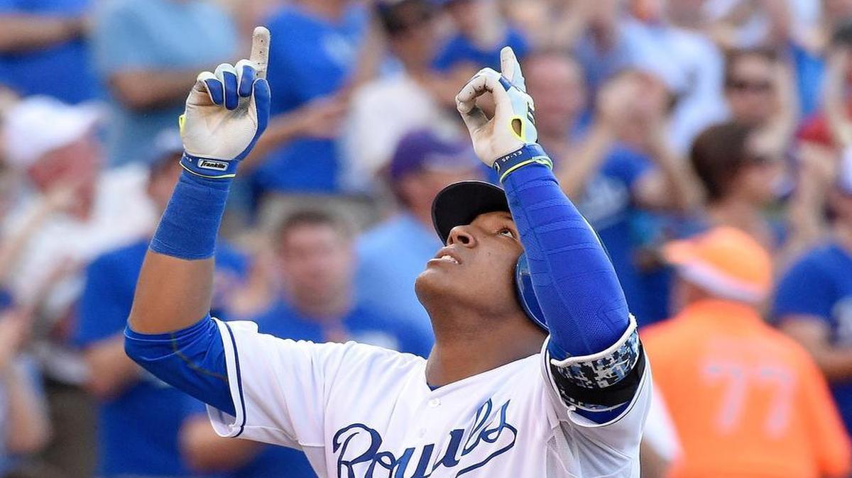 
The Royals’ Salvador Perez celebrates his solo home run in the second inning against the Angels on Saturday in Kansas City, Mo. 
