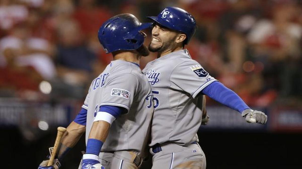 
Kansas City Royals' Eric Hosmer, right, celebrates his two-run home run with Alex Gordon in the 11th inning against the Los Angeles Angels in Game 2 Friday in Anaheim, Calif.
