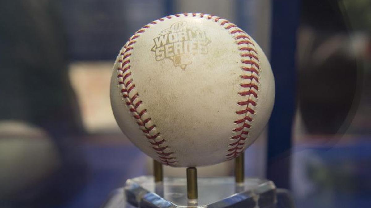 The ball that Royals catcher Salvador Perez hit for a groundout that allowed Eric Hosmer to score the tying run in Game 5 of the World Series is on display at the team’s Hall of Fame at Kauffman Stadium.