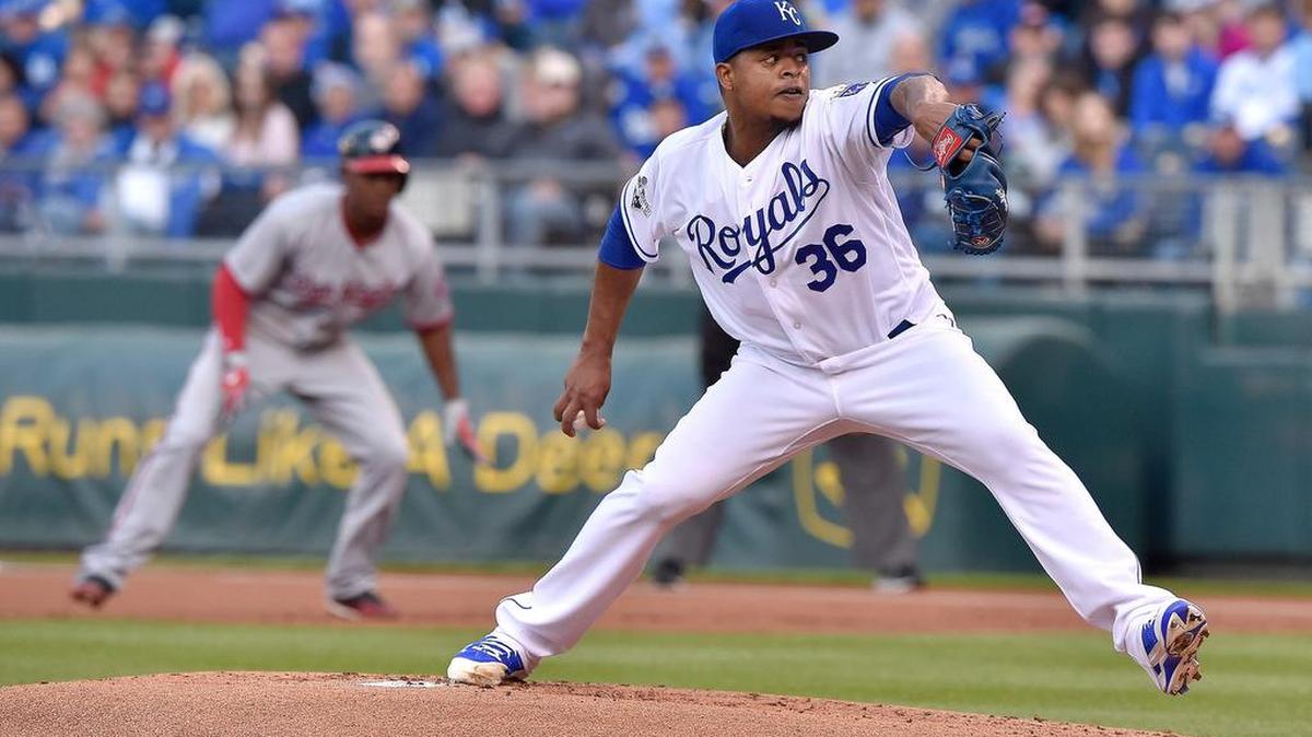 Kansas City Royals starting pitcher Edinson Volquez throws during the first inning on Monday, May 2, 2016, at Kauffman Stadium in Kansas City, Mo.