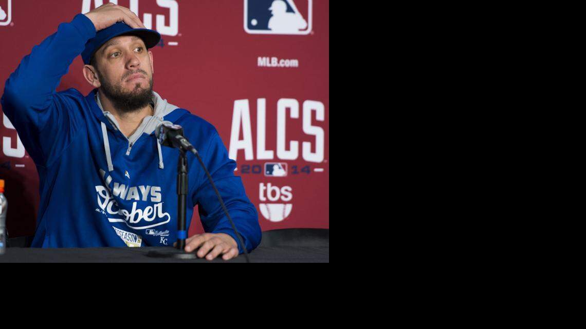 
Kansas City starting pitcher James Shields adjusts his hat while listening to a question Thursday in Baltimore.
