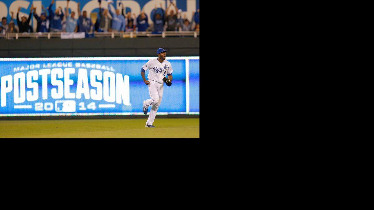 
Royals center fielder Lorenzo Cain celebrates his leaping catch for a ball hit in the AL Division Series on Oct. 5. KC swept Los Angeles.
