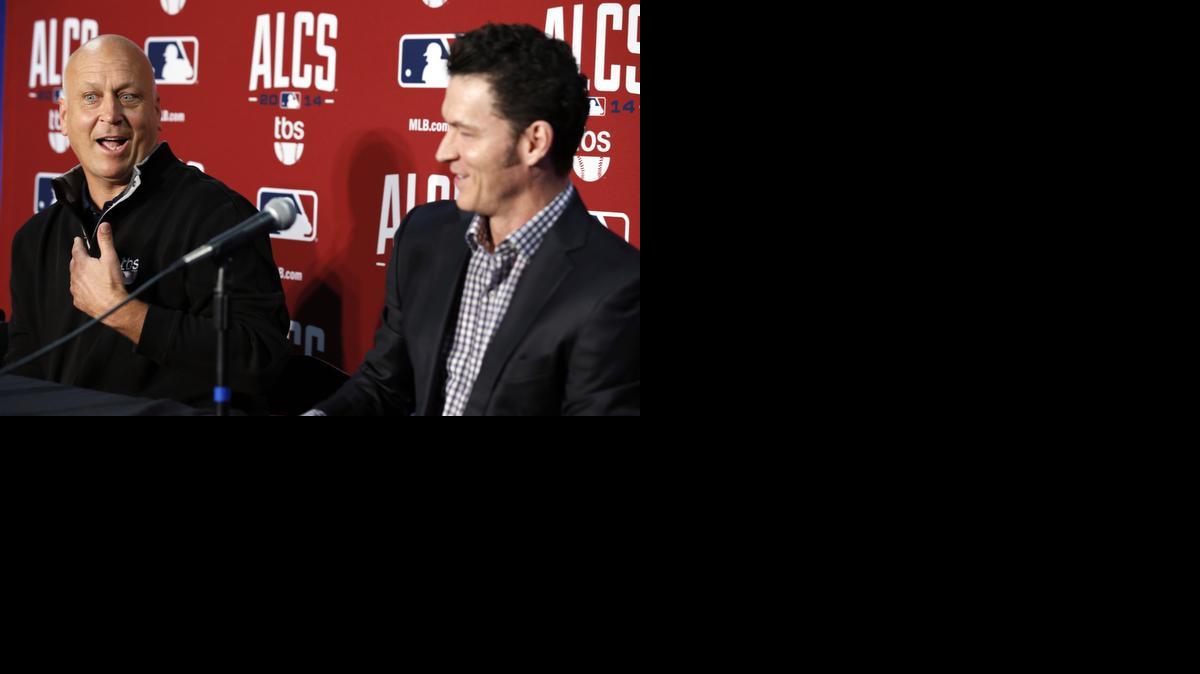 
Former Baltimore Orioles Cal Ripken, Jr., left, and Brady Anderson, react during a press conference on Friday in Baltimore. Ripken caught the final out when the Orioles won the World Series in 1983. 
