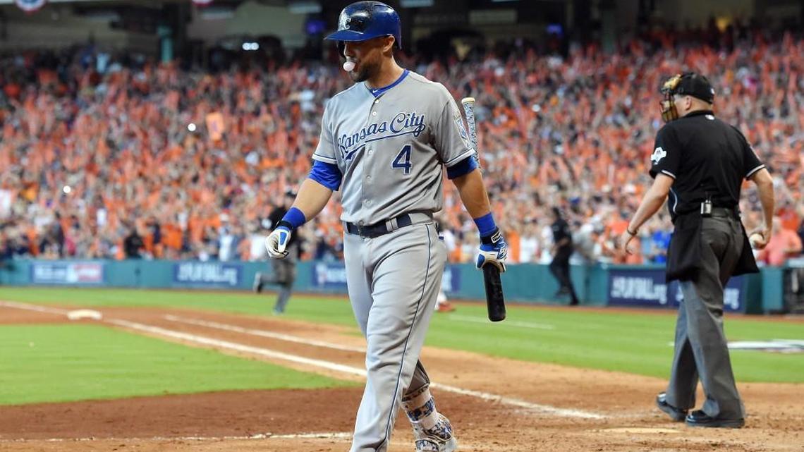 
The Royals’ Alex Gordon walked back to the dugout after striking out and stranding a runner at second base in the sixth inning during Sunday’s American League Division Series game against the Astros at Minute Maid Park in Houston.
