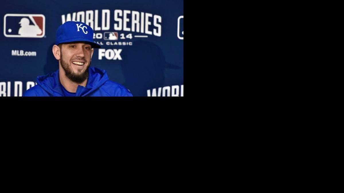 
James Shields pitches for the Royals in Game 1 of the World Series.
