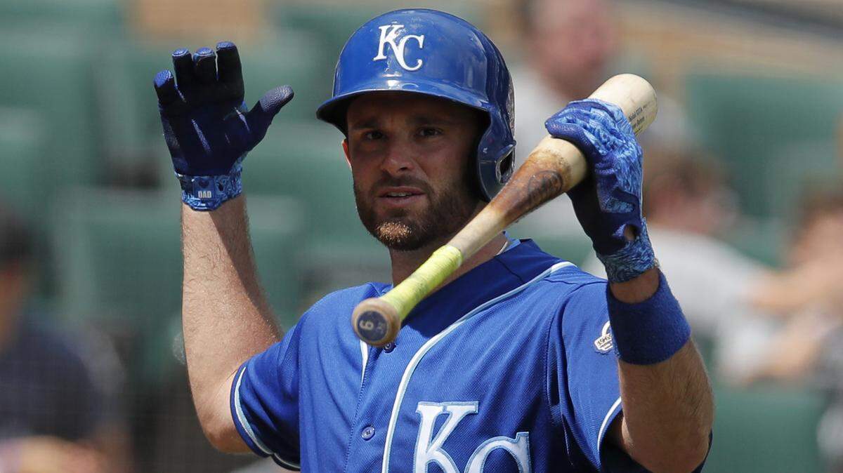 Kansas City Royals’ Drew Butera reacts after being called out on strikes during the fifth inning of a baseball game against the Chicago White Sox on Sunday, July 15, 2018, in Chicago.