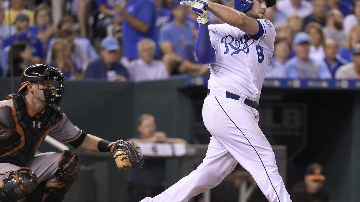 
Kansas City Royals' Mike Moustakas (8) follows through on a two run home run in the sixth inning during Monday's baseball game against the Baltimore Orioles on August 24, 2015 at Kauffman Stadium in Kansas City, Mo.
