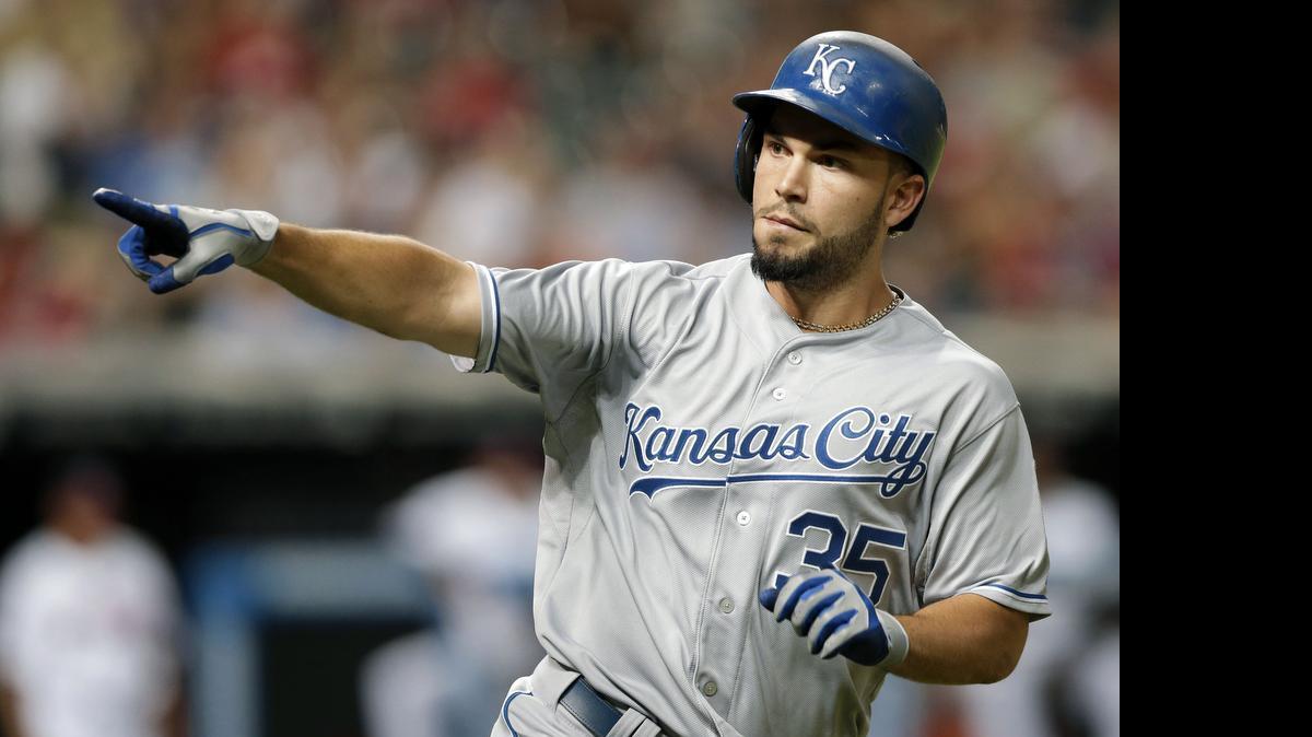 
Kansas City’s Eric Hosmer points to the Royals dugout after hitting a solo home run off Cleveland Indians starting pitcher Trevor Bauer in the ninth inning Tuesday in Cleveland.
