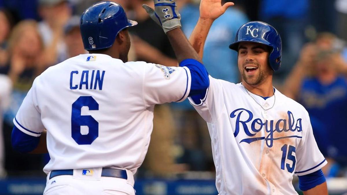 Kansas City Royals' Lorenzo Cain (6) is congratulated by teammate Whit Merrifield after his two-run home run off Tampa Bay Rays starting pitcher Drew Smyly during the first inning on May 31 at Kauffman Stadium in Kansas City, Mo.