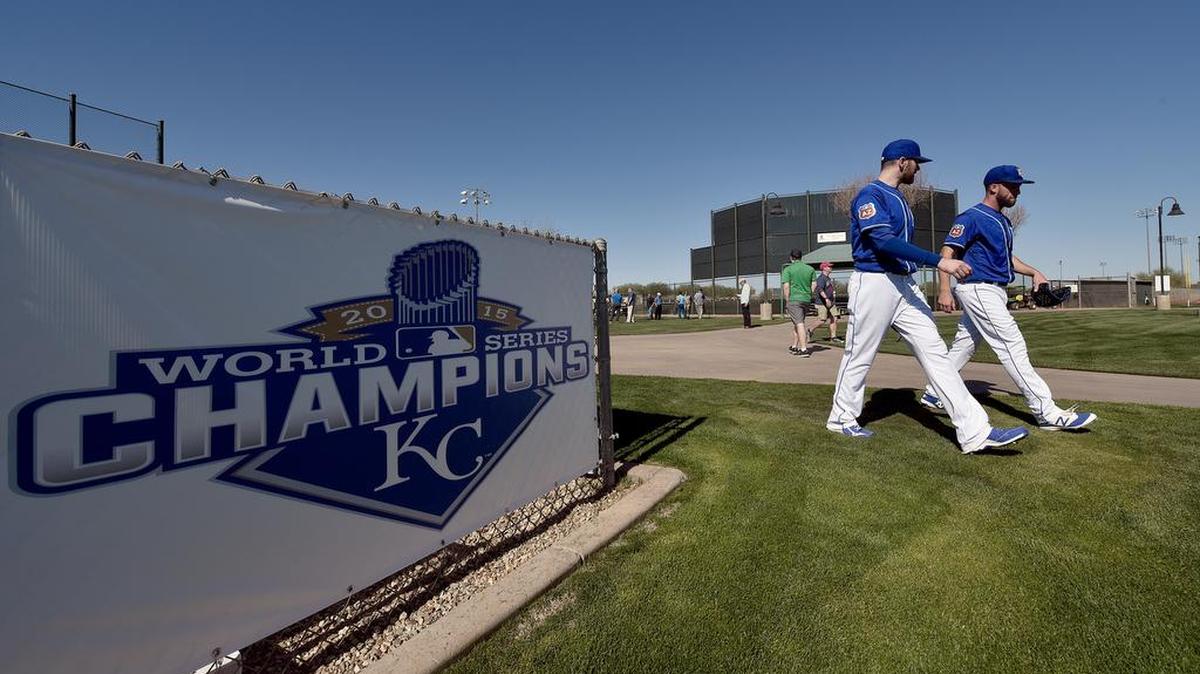 This signage at spring training that pitchers Wade Davis and Danny Duffy walked past on Monday is one of the few references to the Royals’ World Series title in Surprise, Ariz.