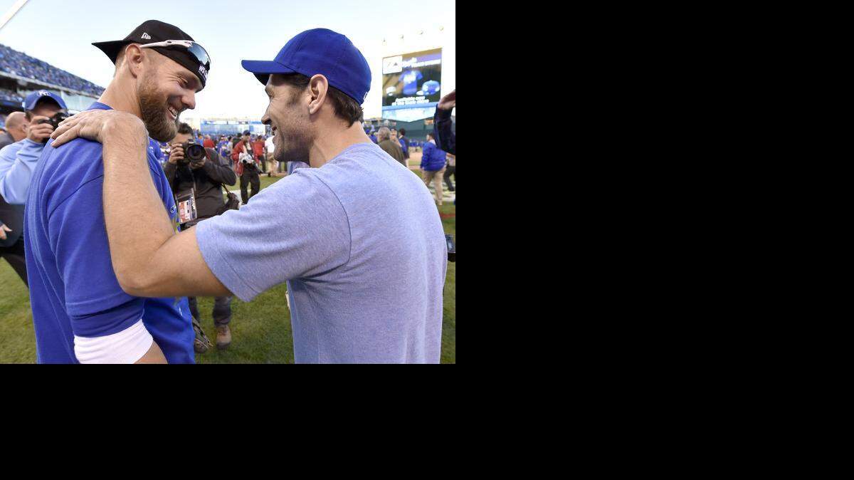
Actor and Kansas City native Paul Rudd was on the field to greet Kansas City Royals left fielder Alex Gordon after the Royals beat the Orioles at Wednesday's ALCS playoff baseball game on October 15, 2014 at Kauffman Stadium in Kansas City, MO The Royals defeated the Orioles 2-1 to win the ALCS.
