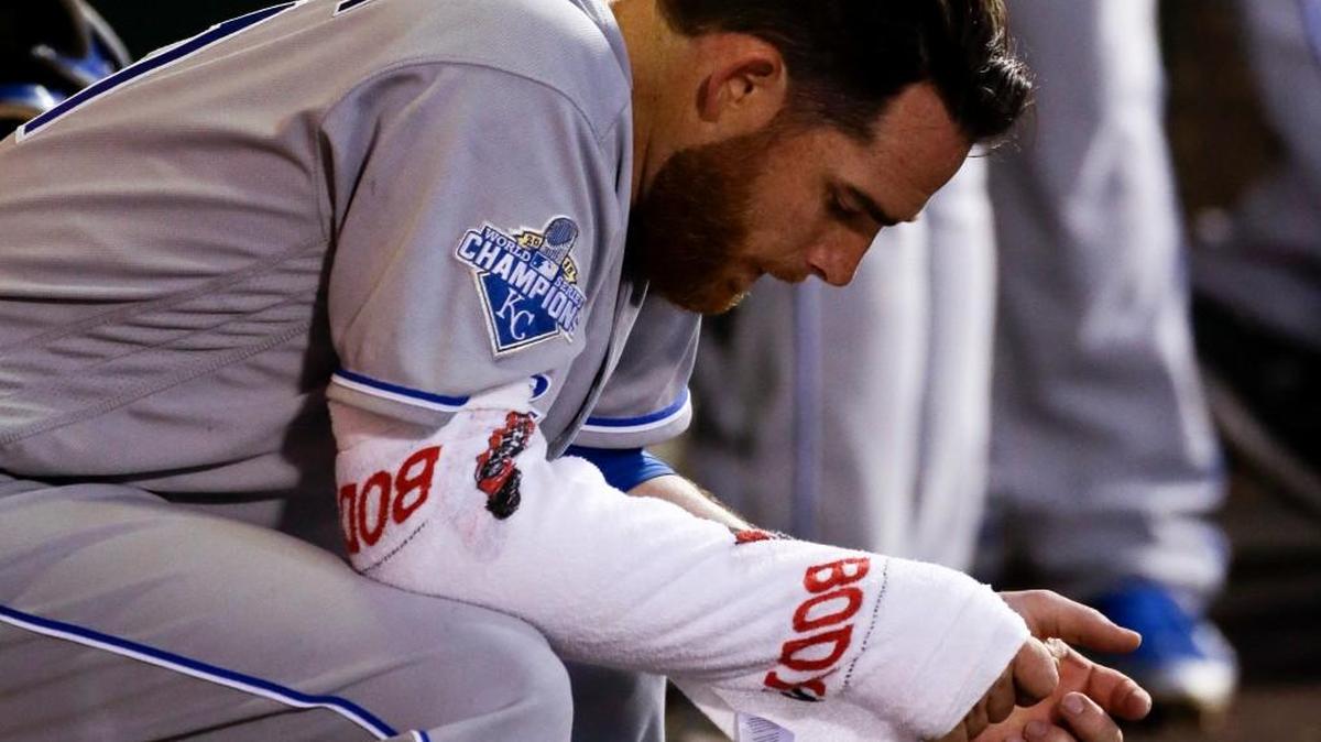 Kansas City starter Ian Kennedy sat in the dugout after giving gave up three runs in the first inning to the Los Angeles Angels on Monday night in Anaheim, Calif. Kennedy pitched six complete innings, giving up five earned runs on seven hits.