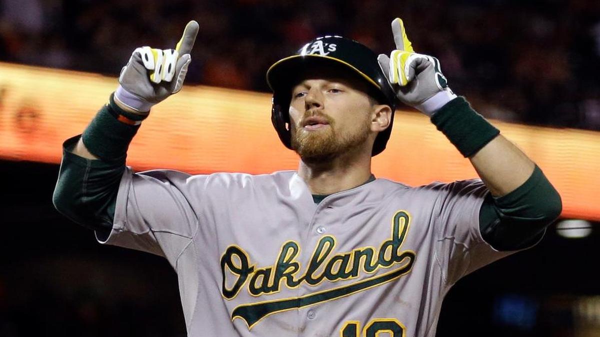 
Oakland Ben Zobrist celebrates after hitting a home run against the San Francisco Giants on Friday.
