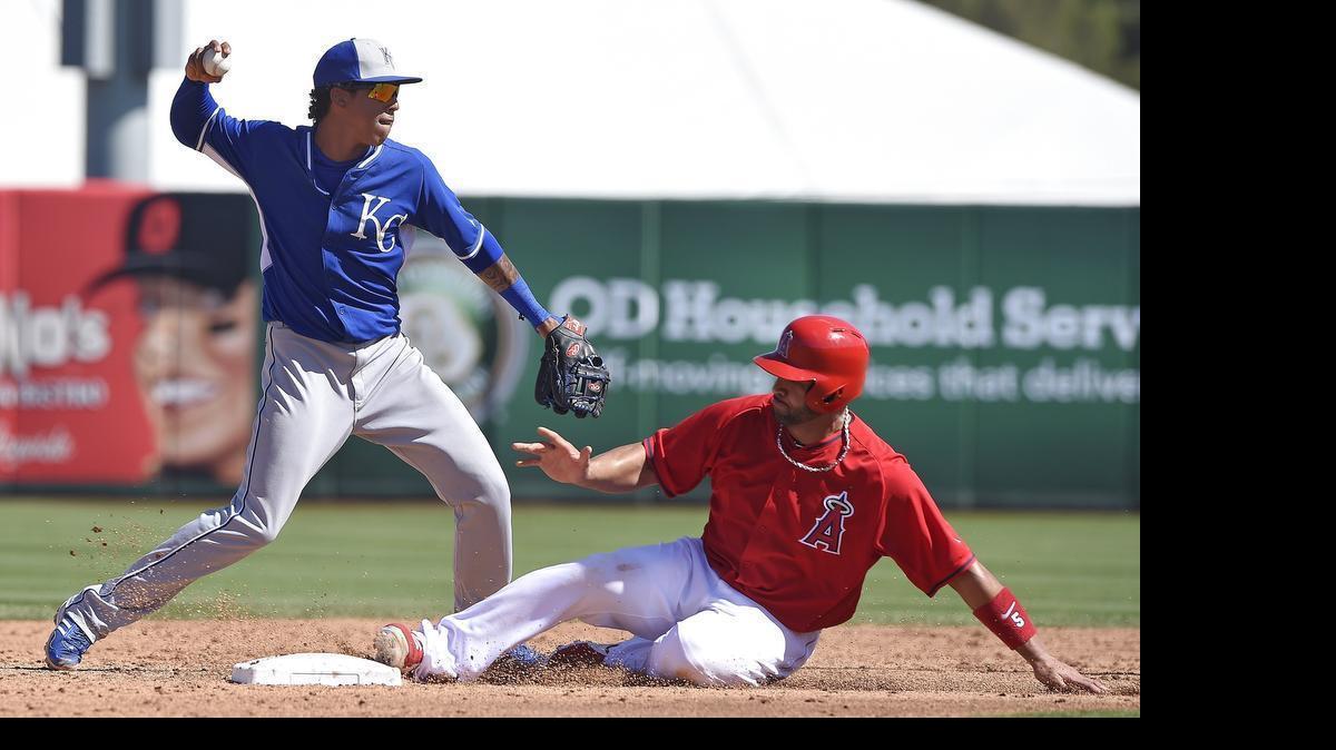 
Raul Mondesi, who forced the Angels’ Albert Pujols, during a spring training game is arguably the Royals’ top prospect.
