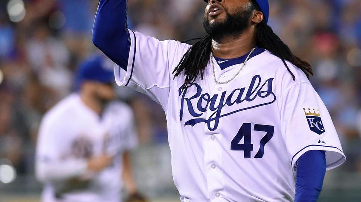 
Kansas City Royals starting pitcher Johnny Cueto (47) celebrates after finishing out the eighth inning Monday. 

