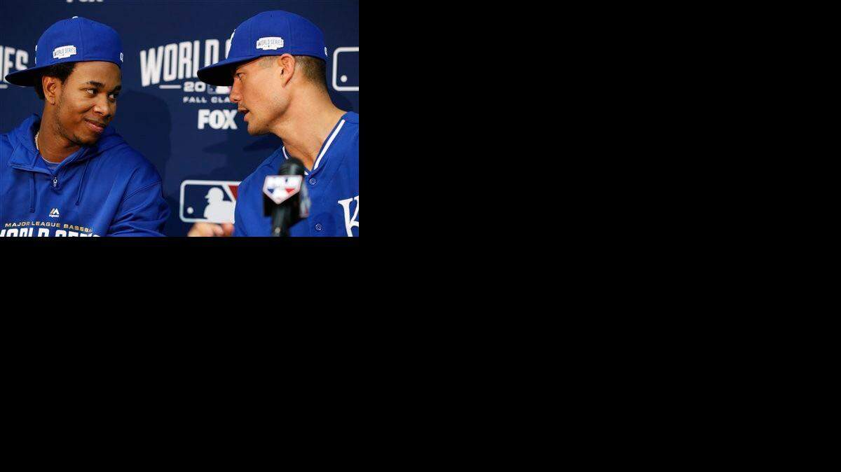 
Royals Yordano Ventura, left, and his translator, teammate Jeremy Guthrie, speak at a news conference before Game 1 of the World Series on Tuesday in Kansas City.
