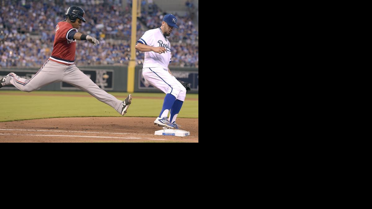 
Kansas City’s James Shields, right, reaches first base ahead of Cleveland’s Jose Ramirez for an out in the fifth inning Saturday in Kansas City, Mo.
