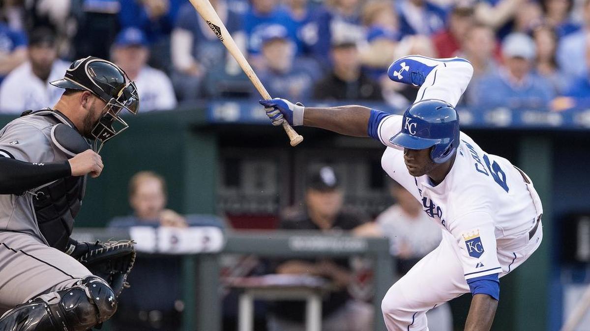 Kansas City Royals outfielder Lorenzo Cain hit the dirt after being hit by a pitch from Chicago White Sox starting pitcher Jose Quintana during a game on April 8, 2015 at Kauffman Stadium.
