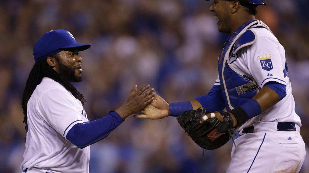 
Royals pitcher Johnny Cueto (left) suggested some changes to the way catcher Salvador Perez sets up behind the plate and the result was a better start than Cueto’s previous five, when he posted a plus-9.00 ERA.
